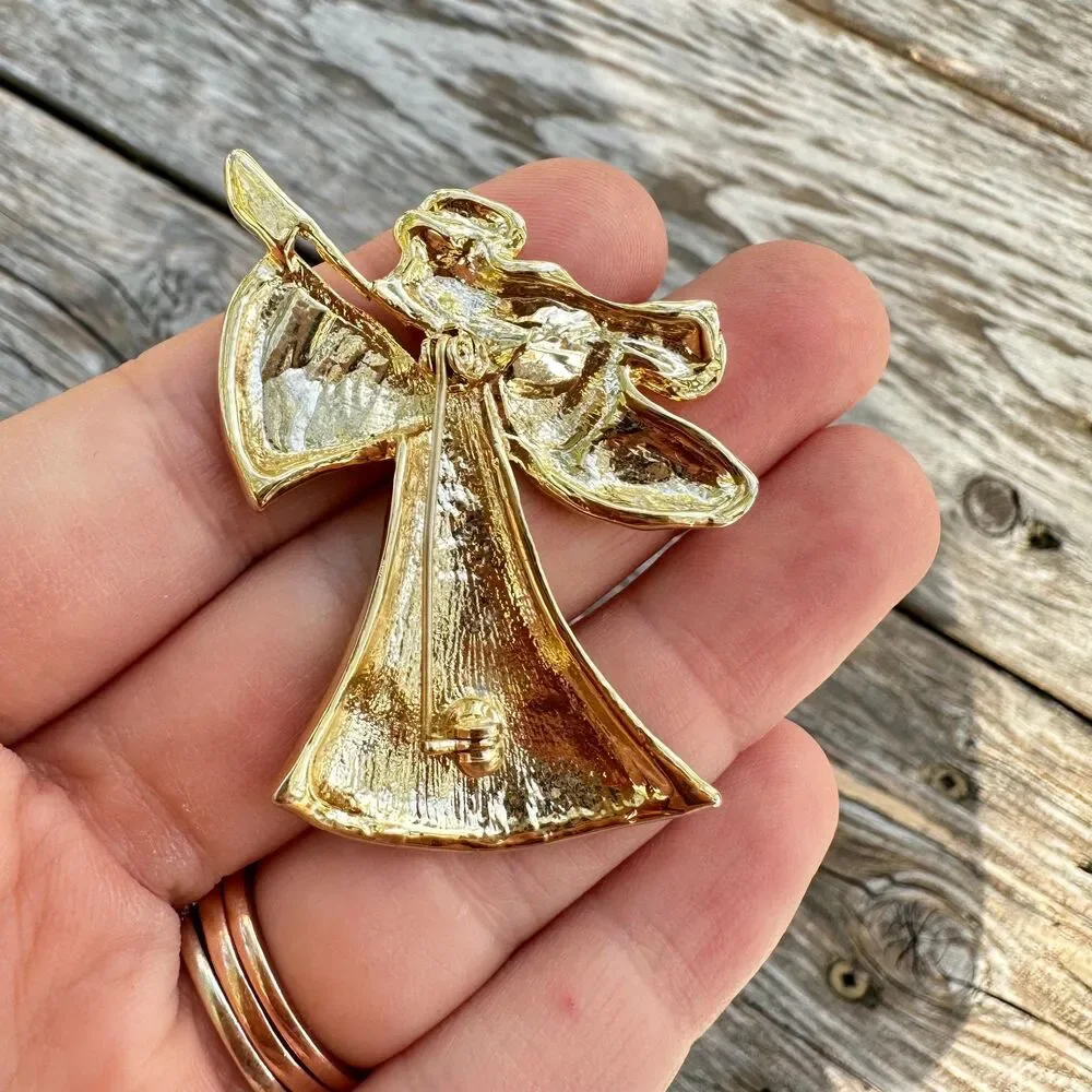 Vintage Jewelry Christmas Angel Brooch Gold Tone Red and Green Angel Pin Jewelry